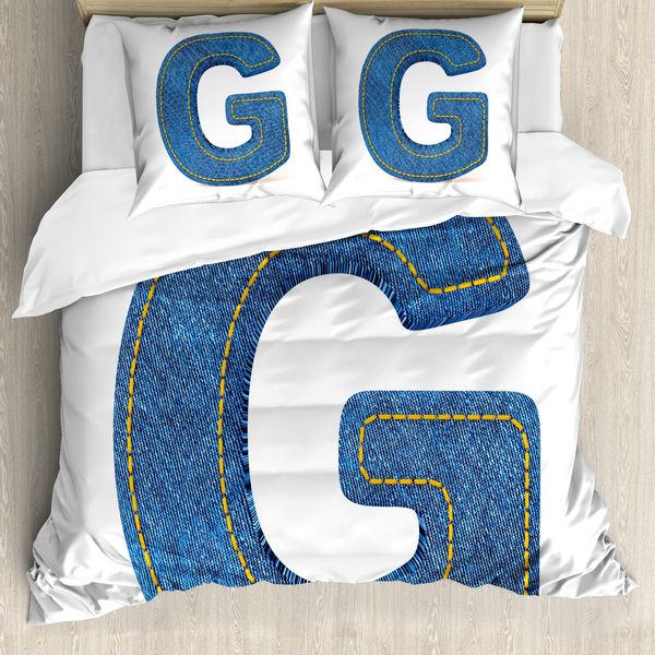 Abakuhaus Lettera G Copripiumino, Tessuto Denim Moderno, Antiacaro, Adatto A Chi Soffre Di Allergie, Con Federe, 200 Cm X 200 Cm - 80 X 80 Cm, Blu Giallo-image