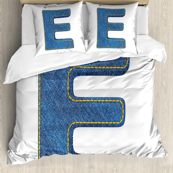 Abakuhaus Lettera E Copripiumino, Denim Blue Jeans E, Antiacaro Adatto A Chi Soffre Di Allergie Con Federe, 155 Cm X 220 Cm - 80 X 80 Cm, Blu Giallo-image