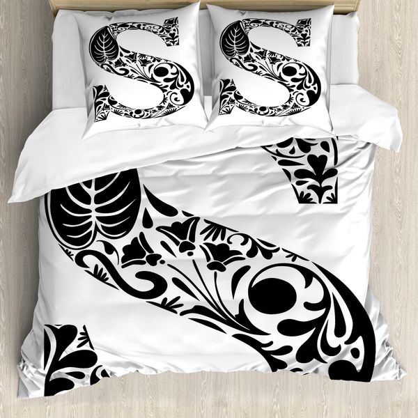Abakuhaus Letto Con Copripiumino, Floral Monochrome S, Antiacaro, Adatto A Chi Soffre Di Allergie, Con Federe, 200 Cm X 200 Cm - 80 X 80 Cm, Bianco E Nero-image