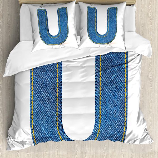 Abakuhaus Lettera U Copripiumino, Alfabeto In Denim, Antiacaro Adatto A Chi Soffre Di Allergie Con Federe, 200 Cm X 200 Cm - 80 X 80 Cm, Blu Giallo-image