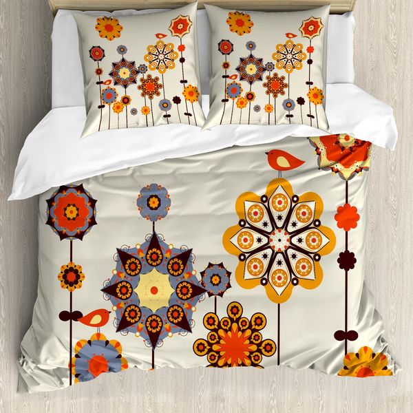 Set Copripiumino Abakuhaus Per Letti Matrimoniali, Motivo Floreale Orientale, Antiacaro, Adatto A Chi Soffre Di Allergie, Con Federe, Colori Guscio D'uovo E Multicolore-image