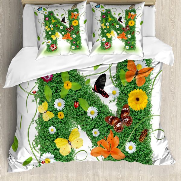 Abakuhaus Lettera N Copripiumino, Daisy Butterfly Garden, Antiacaro, Adatto A Chi Soffre Di Allergie, Con Federe, 200 Cm X 200 Cm - 80 X 80 Cm, Verde Multicolore-image