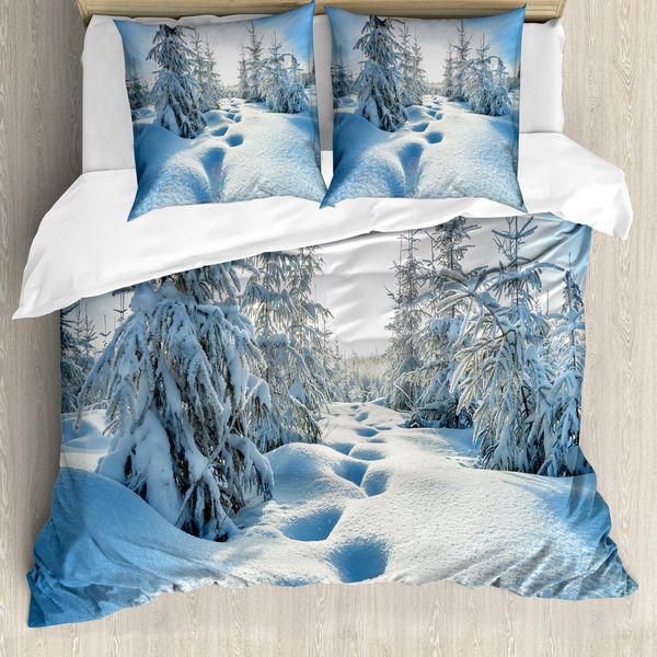 Abakuhaus Copripiumino Invernale, Impronte Di Alberi Su Cielo Blu, Antiacaro, Adatto A Chi Soffre Di Allergie, Con Federe, 155 Cm X 220 Cm - 80 X 80 Cm, Blu E Bianco-image