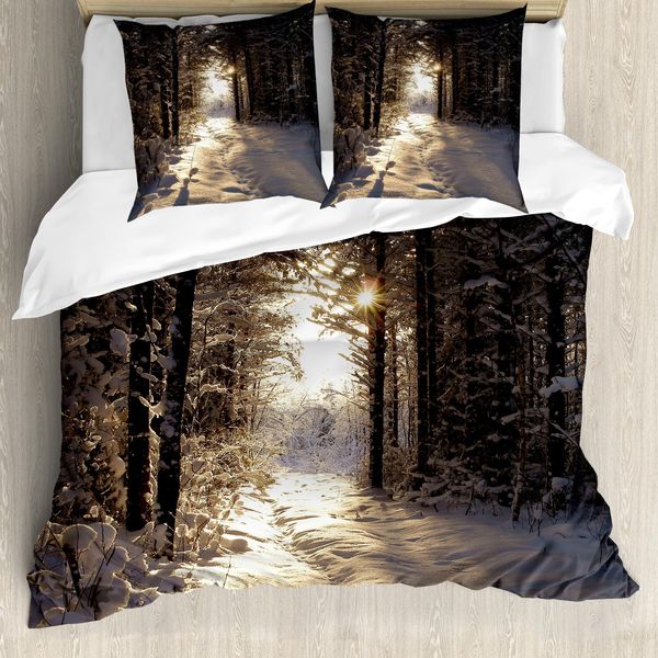 Abakuhaus Set Copripiumino Invernale Per Letti Matrimoniali, Foresta Innevata Natalizia, Antiacaro Adatto A Chi Soffre Di Allergie Con Federe, Giallo Chiaro Marrone-image