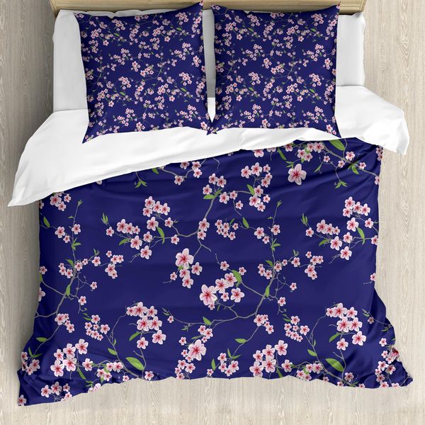 Abakuhaus Copripiumino Giapponese, Fiori Di Sakura, Antiacaro, Adatto A Chi Soffre Di Allergie, Con Federe, 155 Cm X 220 Cm - 80 X 80 Cm, Viola Rosa Verde Felce-image