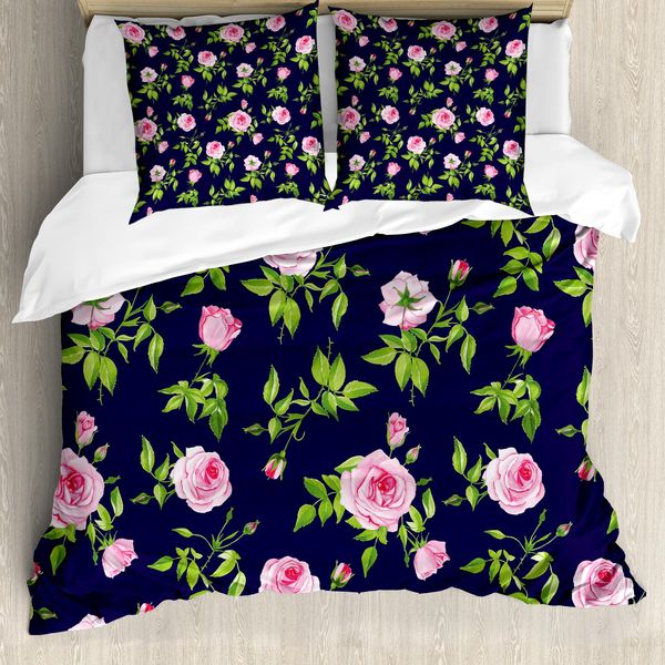 Abakuhaus Navy E Blush Copripiumino, Boccioli Di Rose Vintage, Antiacaro, Adatto A Chi Soffre Di Allergie, Con Federe, 200 Cm X 200 Cm - 80 X 80 Cm, Indaco, Verde, Rosa-image