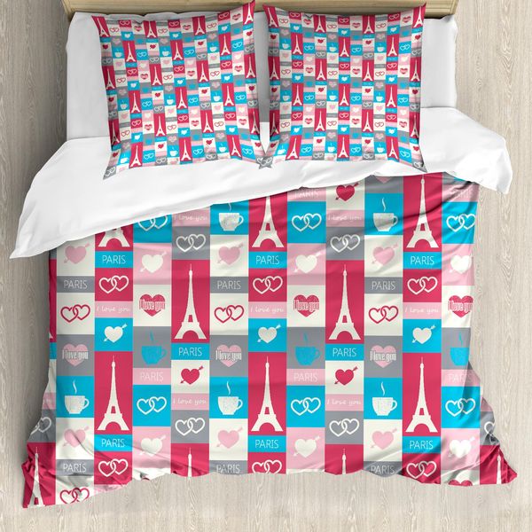 Abakuhaus Paris Copripiumino, Coffee Love Cuori Eiffel, Antiacaro Adatto A Chi Soffre Di Allergie Con Federe, 200 Cm X 200 Cm - 80 X 80 Cm, Multicolore-image