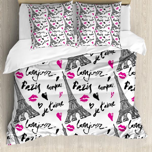 Abakuhaus Paris Copripiumino, Pink Kiss Eiffel Liebe, Antiacaro, Adatto A Chi Soffre Di Allergie, Con Federe, 155 Cm X 220 Cm - 80 X 80 Cm, Bianco-Nero-Rosa-image