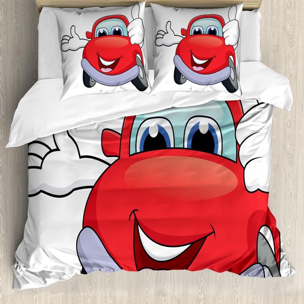 Abakuhaus Copripiumino Autos, Cartoon-Rosso-Veicolo Felice, Antiacaro Adatto A Chi Soffre Di Allergie Con Federe, 155 Cm X 220 Cm - 80 X 80 Cm, Vermilion Lilla-image