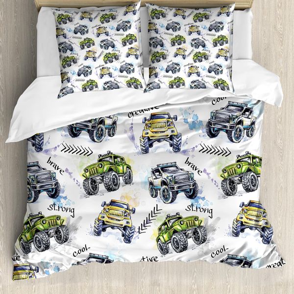 Abakuhaus Copripiumino Con Auto, Monster Truck Disegnato A Mano, Antiacaro, Adatto A Chi Soffre Di Allergie, Con Federe, 155 Cm X 220 Cm - 80 X 80 Cm, Giallo Lavanda-Blu-image