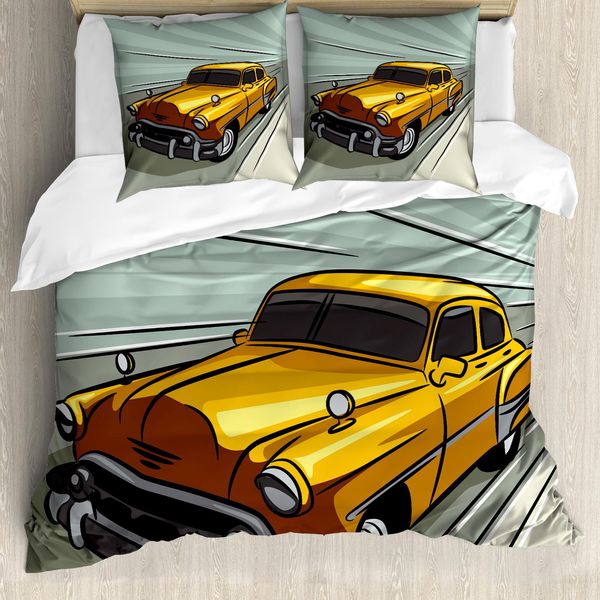 Abakuhaus Copripiumino Autos, Yellow Vehicle Speeding, Antiacaro, Adatto A Chi Soffre Di Allergie, Con Federe, 200 Cm X 200 Cm - 80 X 80 Cm, Verde Reseda, Giallo, Grigio-image