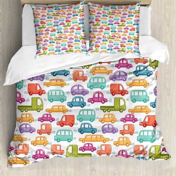 Abakuhaus Copripiumino Autos, Vibrant Gekritzelart Rides, Antiacaro, Adatto A Chi Soffre Di Allergie, Con Federe, 155 Cm X 220 Cm - 80 X 80 Cm, Multicolore-image