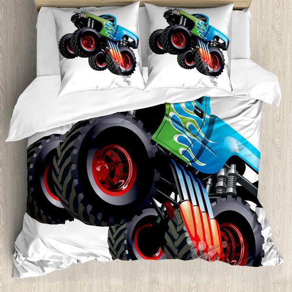 Abakuhaus Copripiumino Autos, Monster Truck Cool Cartoon, Antiacaro, Adatto A Chi Soffre Di Allergie, Con Federe, 200 Cm X 200 Cm - 80 X 80 Cm, Verde Acqua E Nero-image
