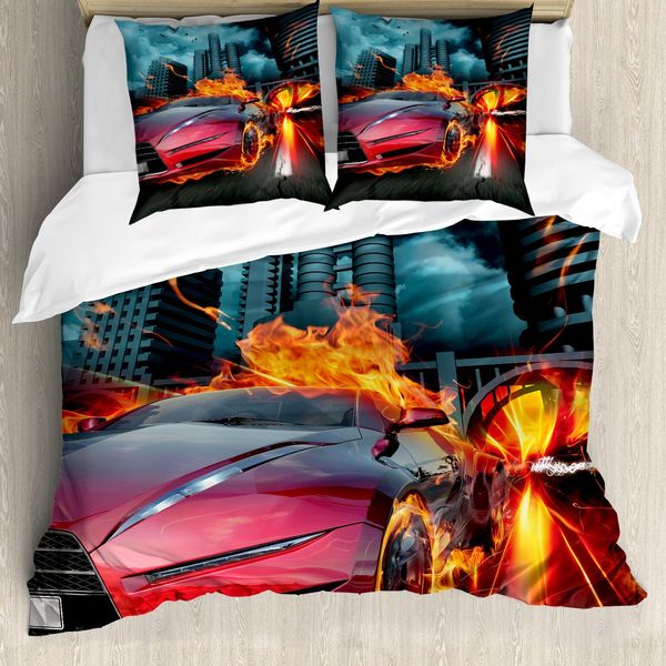 Abakuhaus Copripiumino Autos, Red Hot Concept Car Flames, Antiacaro, Adatto A Chi Soffre Di Allergie, Con Federe, 155 Cm X 220 Cm - 80 X 80 Cm, Rosso Arancione Blu-image