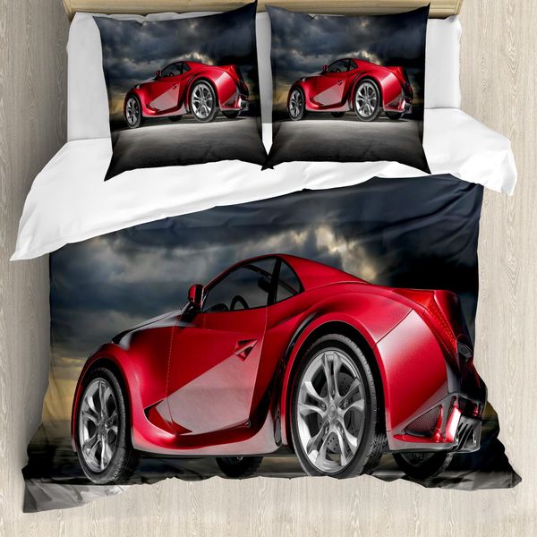 Abakuhaus Copripiumino Autos, Modern Red Sports Vehicle, Antiacaro, Adatto A Chi Soffre Di Allergie, Con Federe, 155 Cm X 220 Cm - 80 X 80 Cm, Rosso Grigio Nero-image