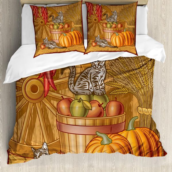 Abakuhaus Copripiumino Ernte, Rustikaler Barnyard Kitten, Antiacaro, Adatto A Chi Soffre Di Allergie, Con Federe, 200 Cm X 200 Cm - 80 X 80 Cm, Arancione Vermiglio Tan-image