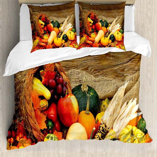 Abakuhaus Copripiumino Ernte, Alimenti Sparsi Sul Tavolo, Antiacaro, Adatto A Chi Soffre Di Allergie, Con Federe, 200 Cm X 200 Cm - 80 X 80 Cm, Vermiglio Marrone Verde-image