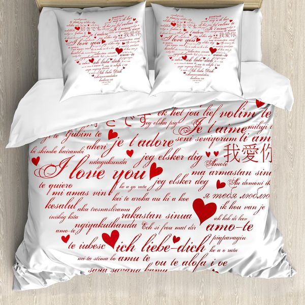 Abakuhaus Ti Amo Copripiumino, Parole D'amore Universale, Antiacaro Adatto A Chi Soffre Di Allergie Con Federe, 155 Cm X 220 Cm - 80 X 80 Cm, Rosso-Bianco-image