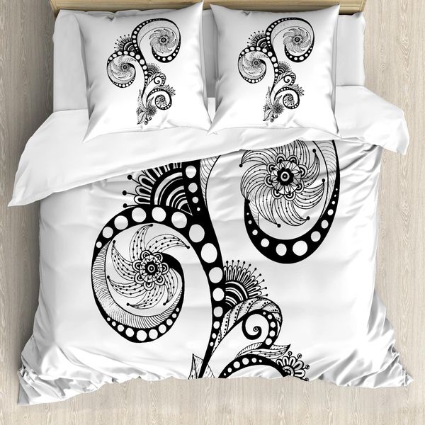 Abakuhaus Copripiumino Folkloric, Disegni Artistici, Antiacaro, Adatto A Chi Soffre Di Allergie, Con Federe, 155 Cm X 220 Cm - 80 X 80 Cm, Bianco E Nero-image
