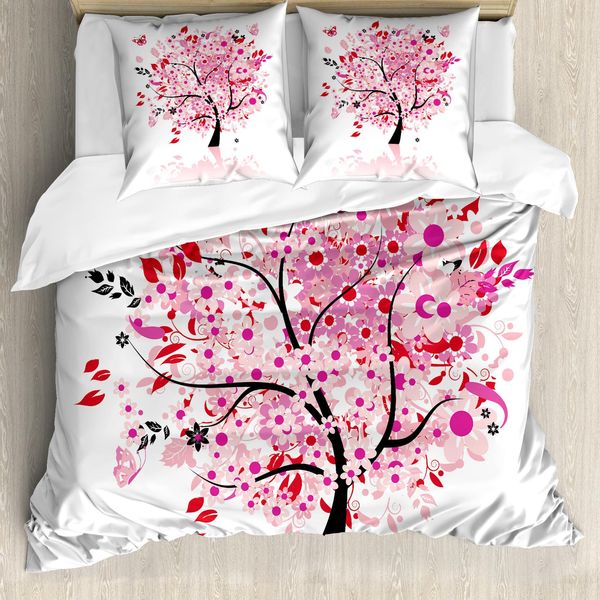 Abakuhaus Copripiumino Con Motivo Alberi, Alberi E Fiori Astratti, Antiacaro, Adatto A Chi Soffre Di Allergie, Con Federe, 155 Cm X 220 Cm - 80 X 80 Cm, Bianco, Marrone, Rosa-image