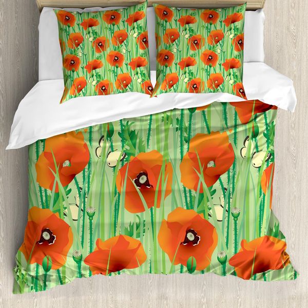 Abakuhaus Set Copripiumino Primaverile Per Letti Matrimoniali, Campo Di Papaveri, Antiacaro, Adatto A Chi Soffre Di Allergie, Con Federe, Verde Felce, Rosso Scarlatto-image