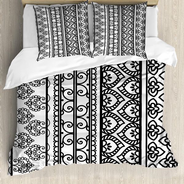 Abakuhaus Set Copripiumino In Henné Per Letti Matrimoniali, Motivi A Volute E Foglie, Antiacaro, Adatto A Chi Soffre Di Allergie, Con Federe, Bianco E Nero-image