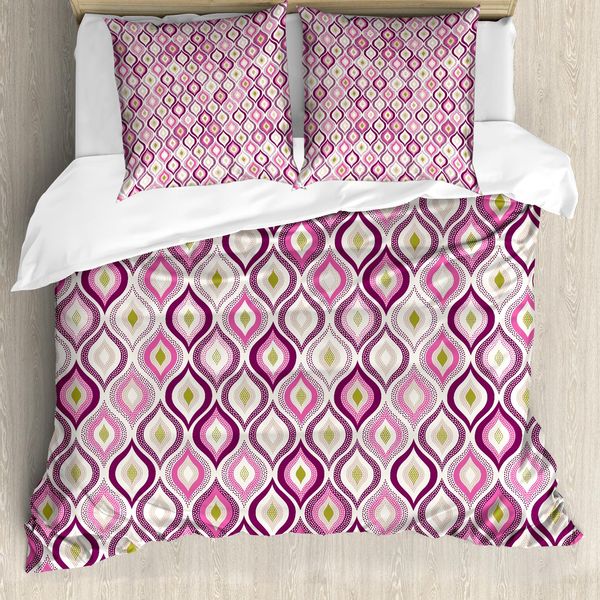 Abakuhaus Copripiumino Geometrico, Stile Doodle, Antiacaro, Adatto A Chi Soffre Di Allergie, Con Federe, 155 Cm X 220 Cm - 80 X 80 Cm, Viola Rosa Verde Oliva-image