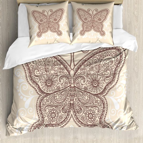Abakuhaus Set Copripiumino In Henné Per Letti Matrimoniali, Decorazione A Farfalla, Antiacaro, Adatto A Chi Soffre Di Allergie, Con Federe, Marrone Castagna, Bianco Avorio-image