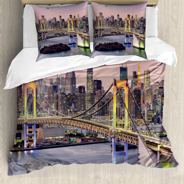 Abakuhaus Copripiumino Con Vista Della Città, Tokyo Giappone Ponte, Antiacaro, Adatto A Chi Soffre Di Allergie, Con Federe, 200 Cm X 200 Cm - 80 X 80 Cm, Multicolore-image