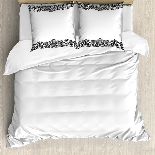 Abakuhaus Set Copripiumino In Henné Per Letti Matrimoniali, Motivi Folcloristici Mehendi, Antiacaro, Adatto A Chi Soffre Di Allergie, Con Federe, Bianco E Nero-image