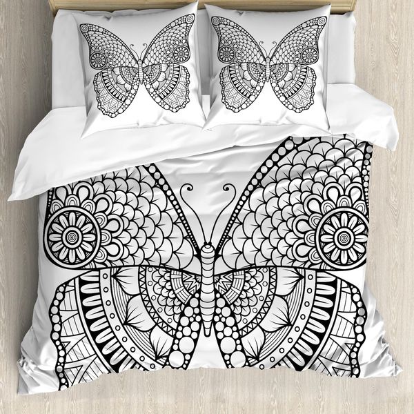 Abakuhaus Volk Copripiumino, Grafica Monocromatica Con Farfalle, Antiacaro, Adatto A Chi Soffre Di Allergie, Con Federe, 155 Cm X 220 Cm - 80 X 80 Cm, Bianco E Nero-image