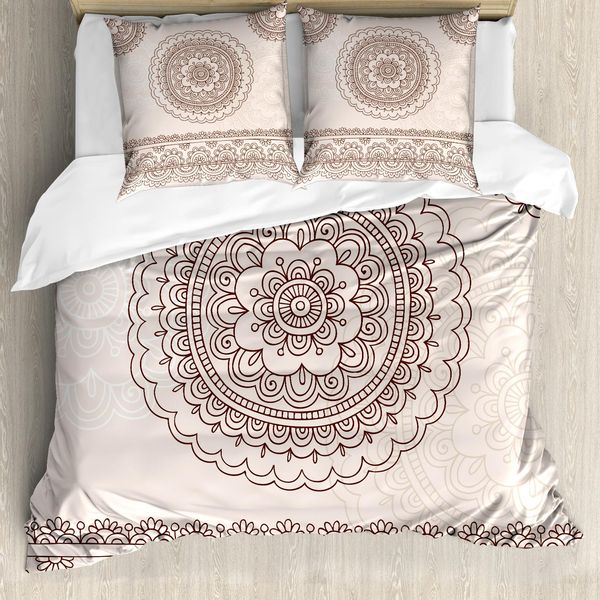 Abakuhaus Set Copripiumino In Henné Per Letti Matrimoniali, Tatuaggio Della Civiltà Asiatica, Antiacaro, Adatto A Chi Soffre Di Allergie, Con Federe, Marrone Crema-image