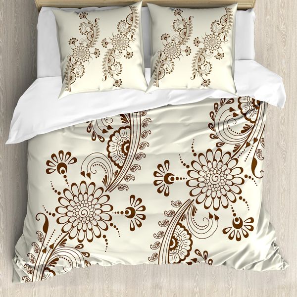 Abakuhaus Set Copripiumino In Henné Per Letti Matrimoniali, Motivo Mehndi Dell'asia Meridionale, Antiacaro, Adatto A Chi Soffre Di Allergie, Con Federe, Marrone Crema-image