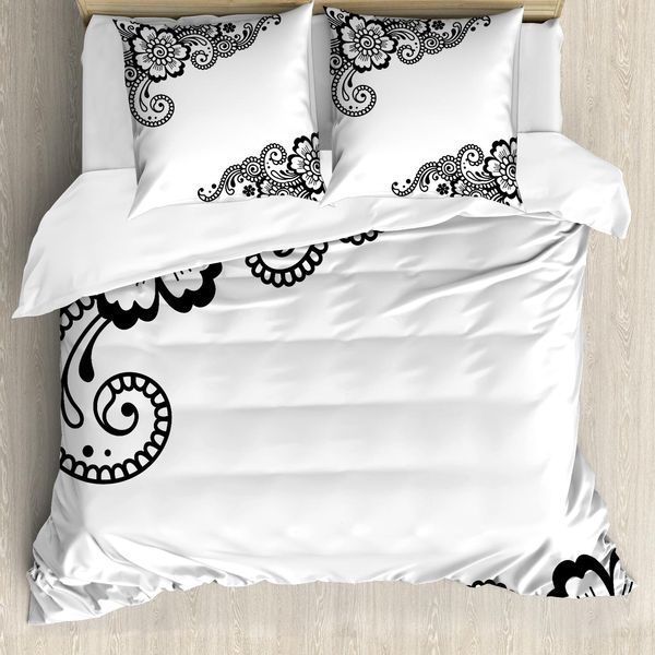 Abakuhaus Copripiumino Asiatico, Motivo Floreale Orientale, Antiacaro, Adatto A Chi Soffre Di Allergie, Con Federe, 200 Cm X 200 Cm - 80 X 80 Cm, Bianco E Nero-image