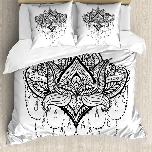 Abakuhaus Volk Copripiumino, Lotus Flower Kultur, Antiacaro, Adatto A Chi Soffre Di Allergie, Con Federe, 155 Cm X 220 Cm - 80 X 80 Cm, Bianco E Nero-image