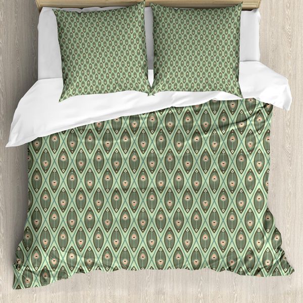 Abakuhaus Copripiumino Geometrico, Piume Di Pavone, Antiacaro, Adatto A Chi Soffre Di Allergie, Con Federe, 200 Cm X 200 Cm - 80 X 80 Cm, Pistacchio Tan-image