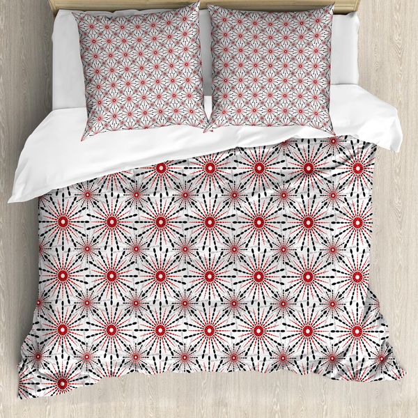 Abakuhaus Copripiumino Geometrico, Fiori Psichedelici, Antiacaro, Adatto A Chi Soffre Di Allergie, Con Federe, 155 Cm X 220 Cm - 80 X 80 Cm, Rosso, Nero, Bianco-image