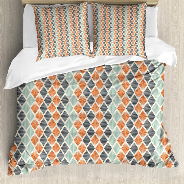 Abakuhaus Copripiumino Geometrico, Rombi Con Linee, Antiacaro, Adatto A Chi Soffre Di Allergie, Con Federe, 155 Cm X 220 Cm - 80 X 80 Cm, Grigio Verde Mandorla-image