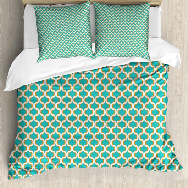 Abakuhaus Copripiumino Geometrico, Stile Retrò Anni Settanta, Antiacaro E Anallergico, Con Federe, 155 Cm X 220 Cm - 80 X 80 Cm, Arancione, Bianco E Verde Acqua-image