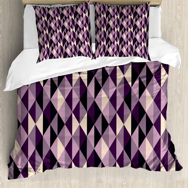 Abakuhaus Set Copripiumino Geometrico Per Letti Matrimoniali, Triangoli Astratti, Antiacaro, Adatto A Chi Soffre Di Allergie, Con Federe, Viola Scuro, Lilla, Avorio, Prugna-image