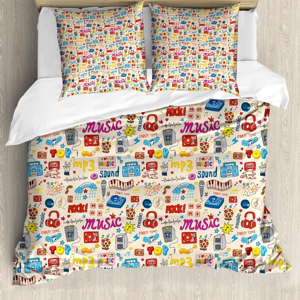 Abakuhaus Copripiumino Musicale, Stile Pop Art Retrò, Antiacaro, Adatto A Chi Soffre Di Allergie, Con Federe, 155 Cm X 220 Cm - 80 X 80 Cm, Multicolore-image