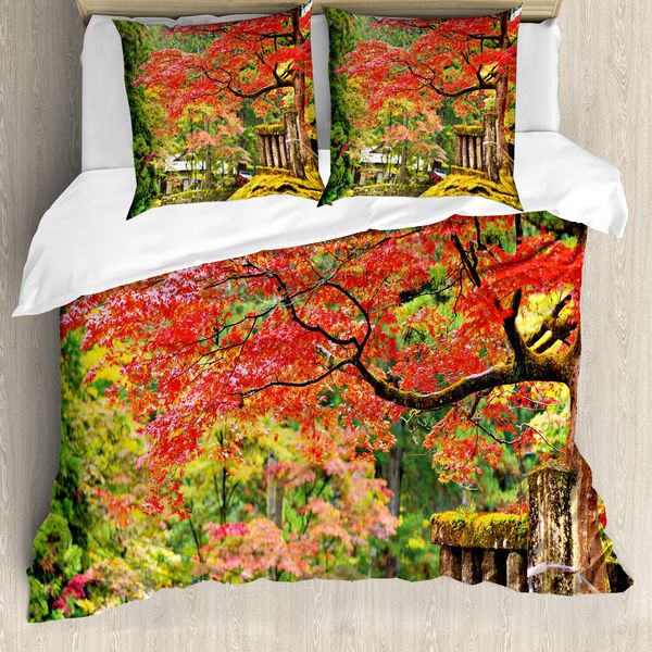 Abakuhaus Copripiumino Giapponese, Fiori Di Sakura, Antiacaro, Adatto A Chi Soffre Di Allergie, Con Federe, 200 Cm X 200 Cm - 80 X 80 Cm, Verde Vermiglio Marrone-image