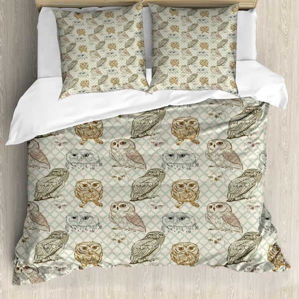 Abakuhaus Copripiumino Gufo, Disegno Gatto, Uccelli, Antiacaro, Adatto A Chi Soffre Di Allergie, Con Federe, 200 Cm X 200 Cm - 80 X 80 Cm, Marrone Verde Reseda-image