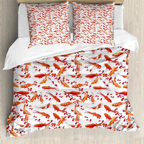 Abakuhaus Copripiumino Con Motivo A Pesci, Animali Acquatici Decorativi, Antiacaro, Adatto A Chi Soffre Di Allergie, Con Federe, 155 Cm X 220 Cm - 80 X 80 Cm, Arancione E Bianco-image