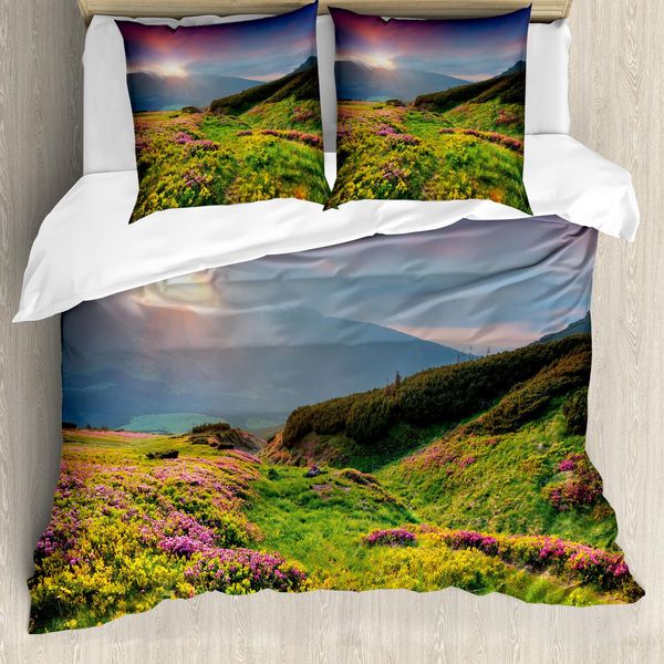 Abakuhaus Copripiumino Naturale, Motivo Floreale Estivo, Antiacaro, Adatto A Chi Soffre Di Allergie, Con Federe, 200 Cm X 200 Cm - 80 X 80 Cm, Rosa-Verde-Blu-image