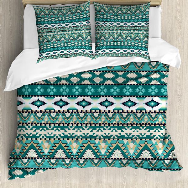 Abakuhaus Copripiumino Etnico, Disegno Azteco, Antiacaro, Adatto A Chi Soffre Di Allergie, Con Federe, 155 Cm X 220 Cm - 80 X 80 Cm, Verde Acqua Turchese Marrone Chiaro-image