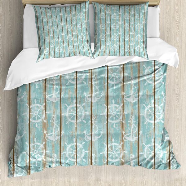 Abakuhaus Copripiumino Nautico, Elementi Marini In Legno, Antiacaro, Adatto A Chi Soffre Di Allergie, Con Federe, 155 Cm X 220 Cm - 80 X 80 Cm, Turchese Cacao Bianco-image