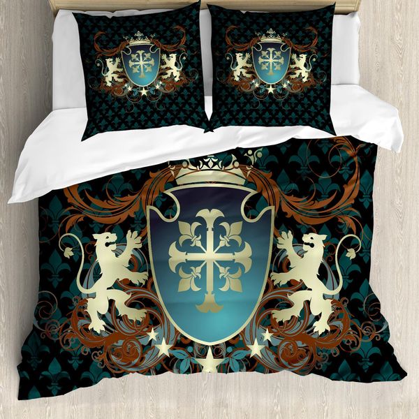 Abakuhaus Copripiumino Medievale, Stemma Medievale, Antiacaro, Adatto A Chi Soffre Di Allergie, Con Federe, 200 Cm X 200 Cm - 80 X 80 Cm, Verde Acqua, Nero, Cannella-image