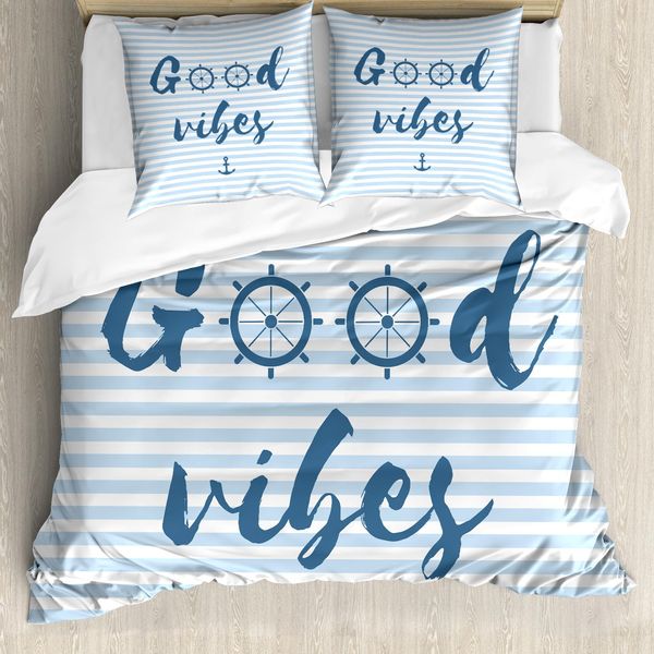 Abakuhaus Good Vibes Set Copripiumino Per Letti Matrimoniali, Stile Nautico Marittimo, Antiacaro, Adatto A Chi Soffre Di Allergie, Con Federe, Blu Notte E Azzurro-image