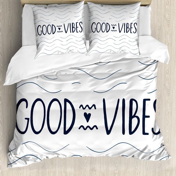 Abakuhaus Good Vibes Set Copripiumino Per Letti Matrimoniali, Cuore Carino, Antiacaro, Adatto A Chi Soffre Di Allergie, Con Federe, Blu Scuro E Bianco-image
